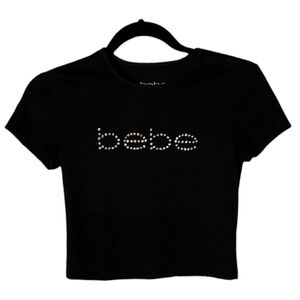 Bebe Black Rhinestone Logo Crop Top Fitted Stretch Tee Medium